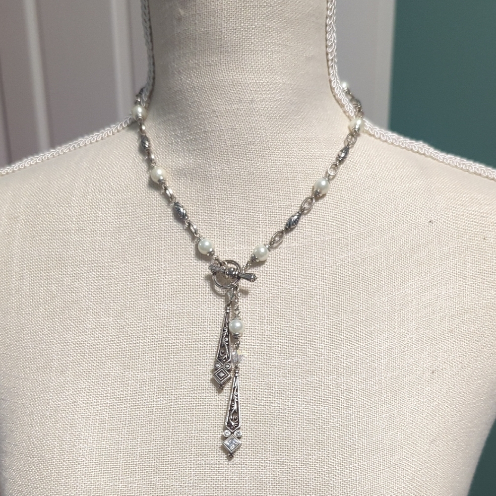 Brighton Silver and White Crystal Lariat Necklace